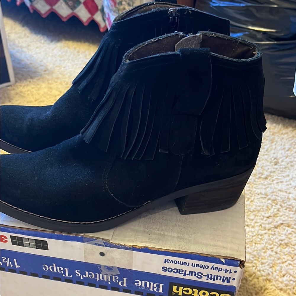 Crown Vintage Black Fringe Ankle Booties